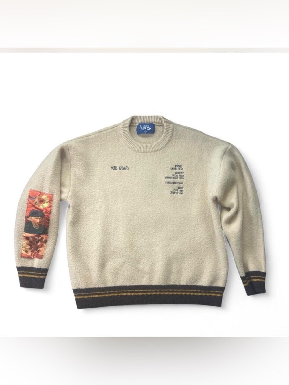 Aelfric Eden Cream Crewneck Sweater with Floral Sleeve Panel